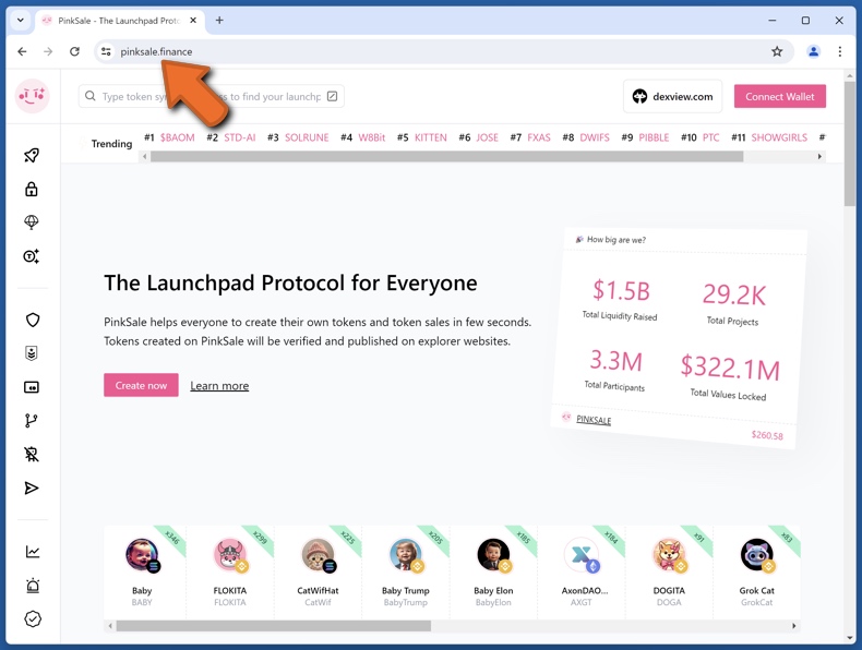Appearance of the real PinkSale Finance website (pinksale.finance)